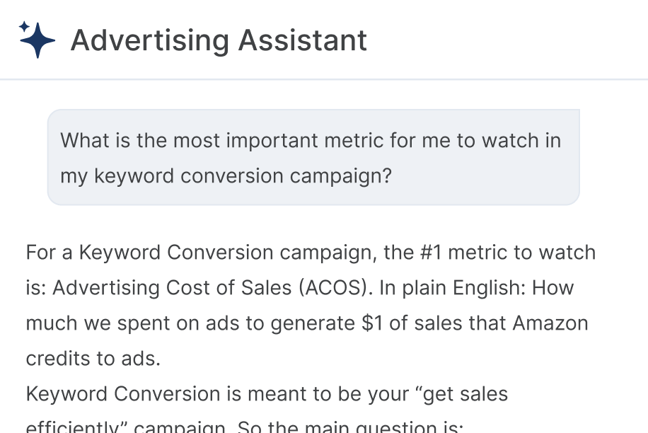 Advertising Assistant chat showing a question about keyword conversion campaign metrics and an AI response explaining ACOS